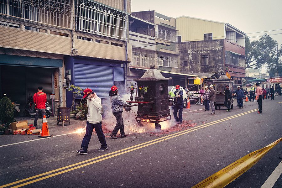 Yanhsui Fireworks Festival  - These wagons are pushed/pulled through the streets and people throw occasionally firecrackers under them